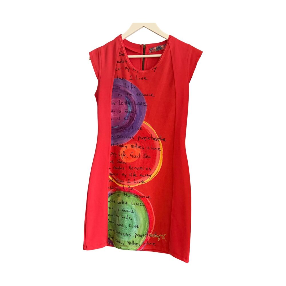 Desigual Red Love Text Print Circles Graphic Cap Sleeve Dress EUC Sz M